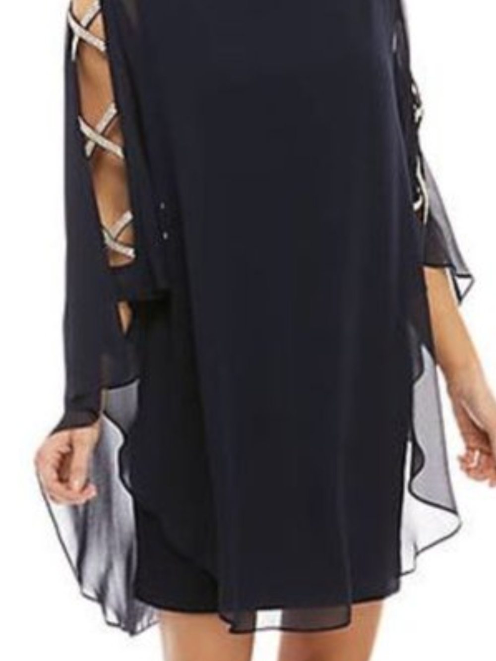 Xscape Navy Cold-Shoulder Evening Dress with Embellished Sleeves